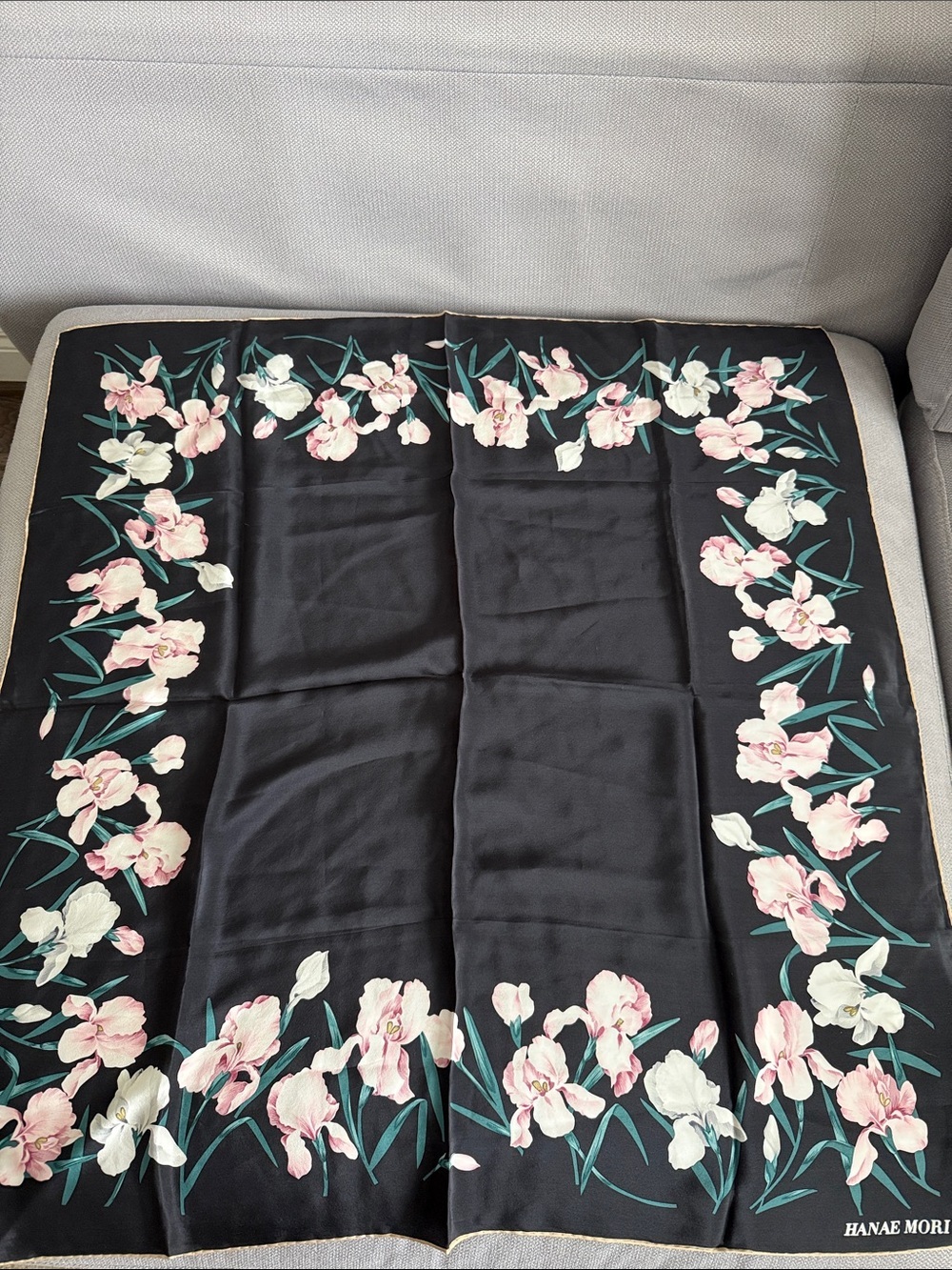 Hanae Mori Black Floral Silk Scarf - Pink & White Blooms 30 x 30